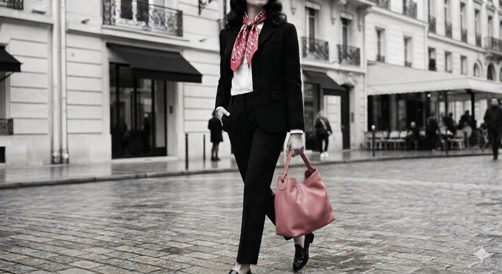 Composición editorial de moda en blanco, negro y gris con acentos Rosa Dior: traje sastre, pañuelo de seda y cartera, calle europea